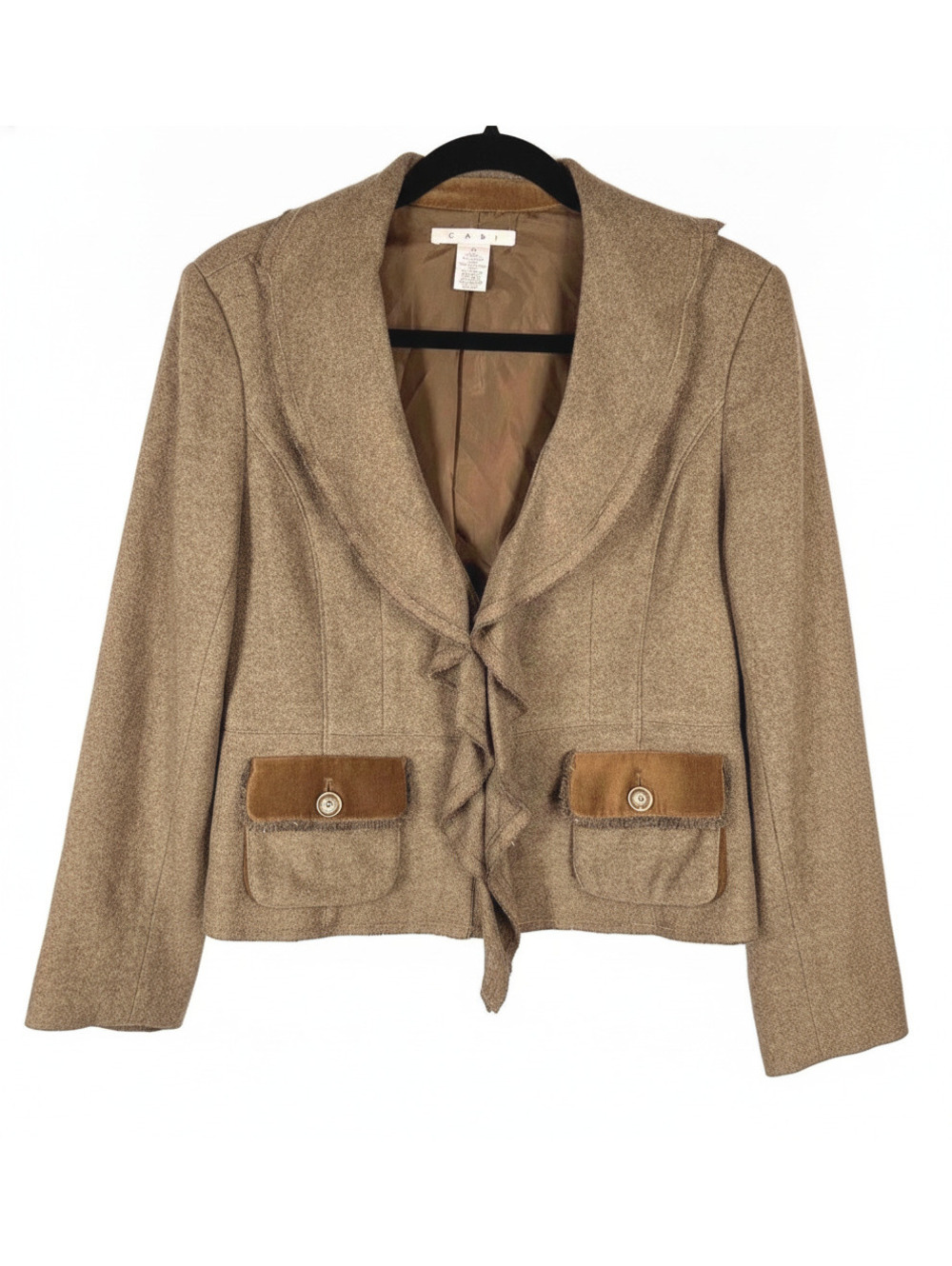 Cabi Womens Kensington 361 Brown Wool Blend Ruffle Velvet Trim Jacket Size 12